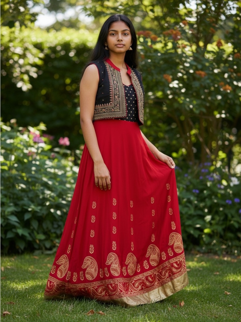 Red Maxi Skirt with Gold Paisley Border(New)